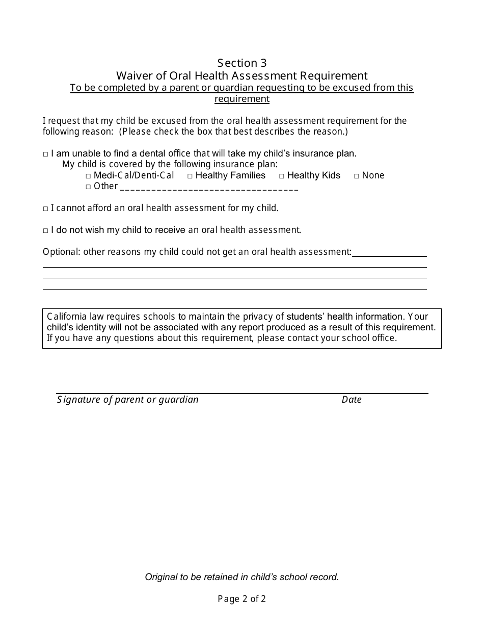 Oral Health Assessmentwaiver Request Form Fill Out Sign Online And Download Pdf Templateroller 4473