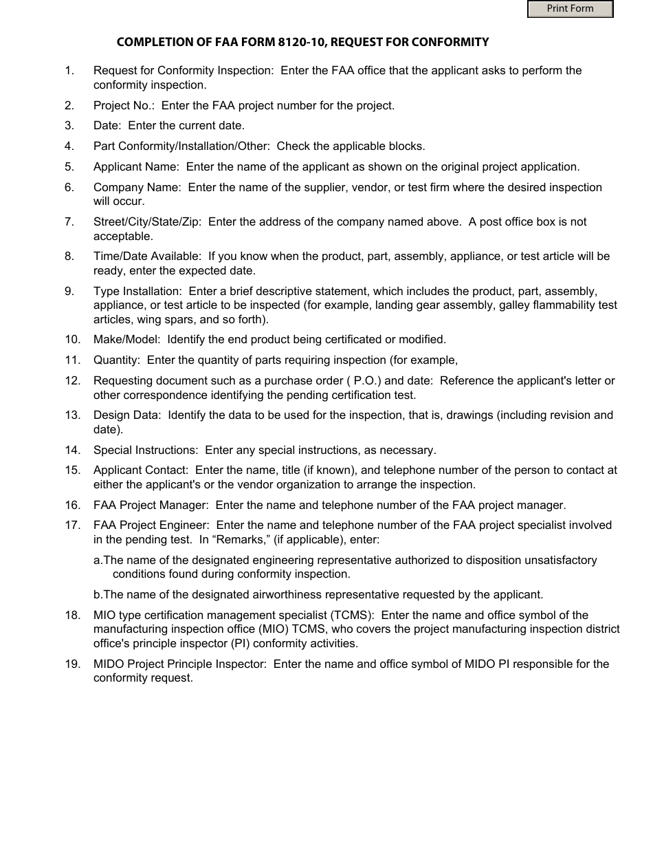 FAA Form 8120-10 Request for Conformity, Page 1