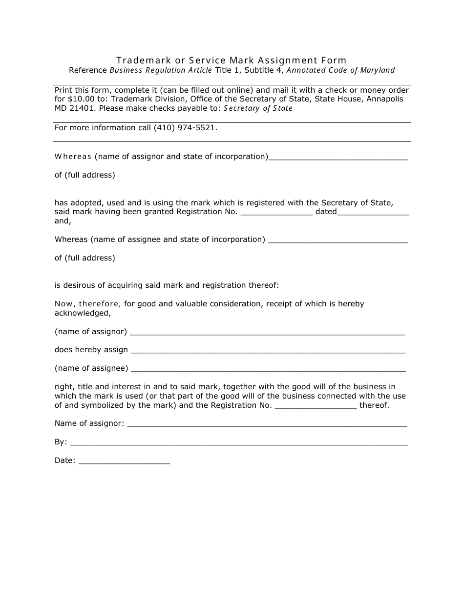 Trademark or Service Mark Assignment Form - Maryland, Page 1
