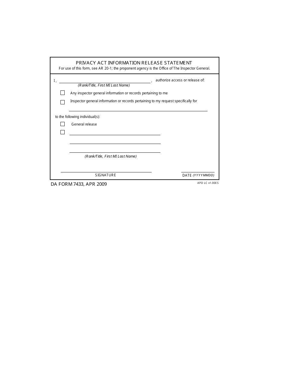 DD Form 7433 Privacy Act Information Release Statement, Page 1