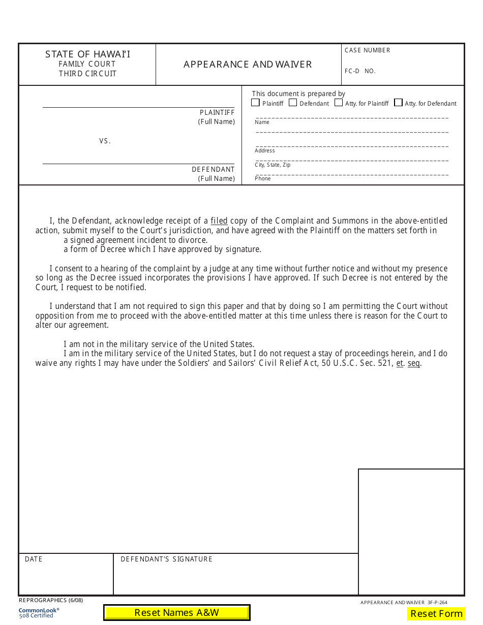 Form 3F-P-264 Appearance and Waiver - Hawaii, Page 1