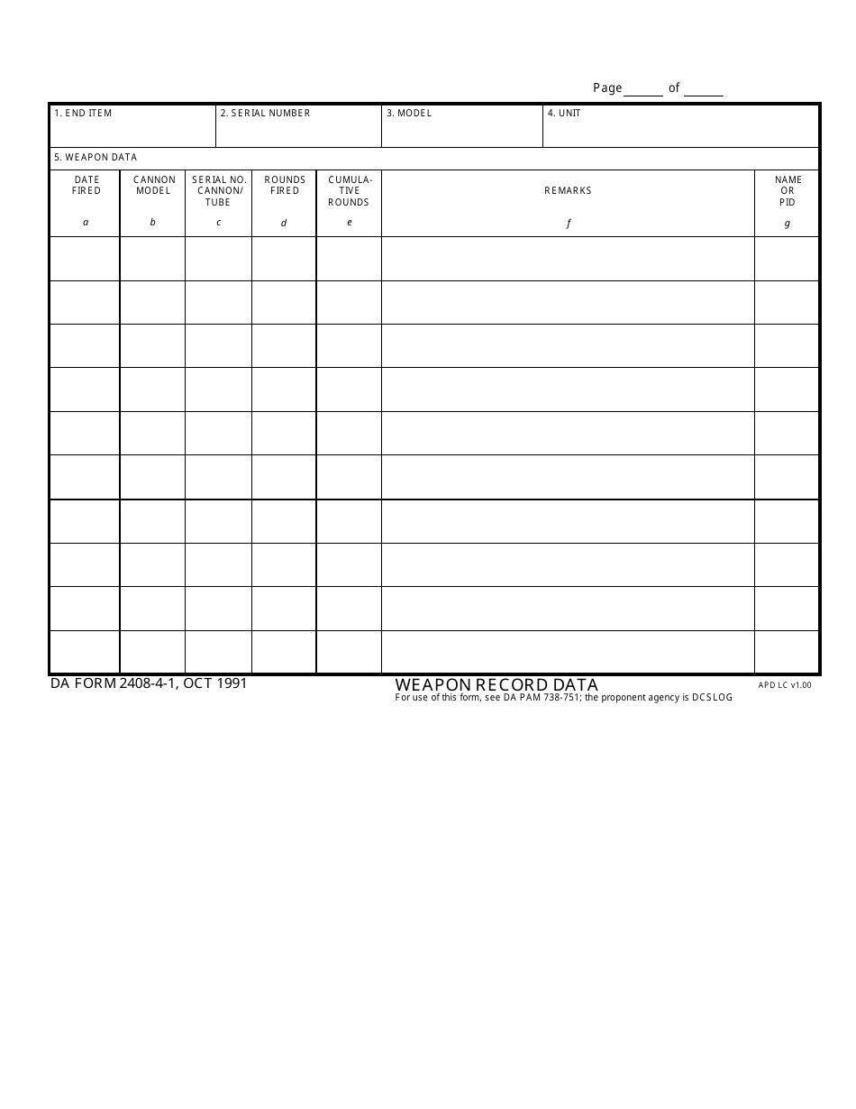 DA Form 2408-4-1 Weapon Record Data, Page 1