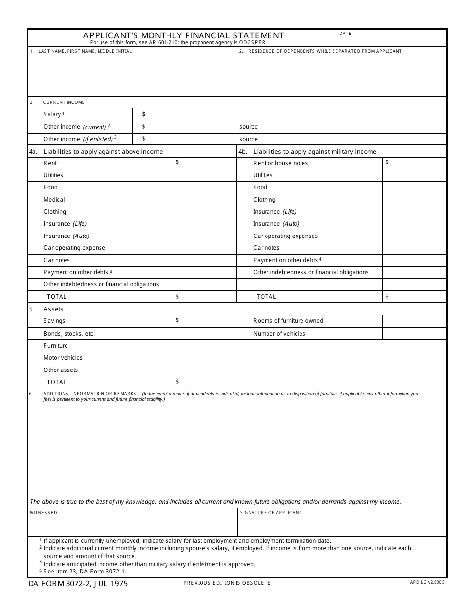 DA Form 3072-2 Applicants Monthly Financial Statement, Page 1