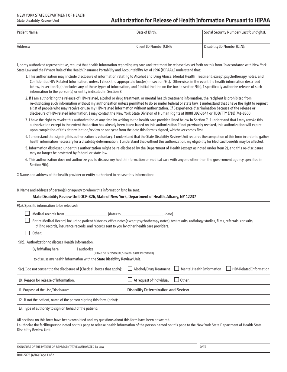 Form DOH-5173 Authorization for Release of Health Information Pursuant to Hipaa - New York, Page 1