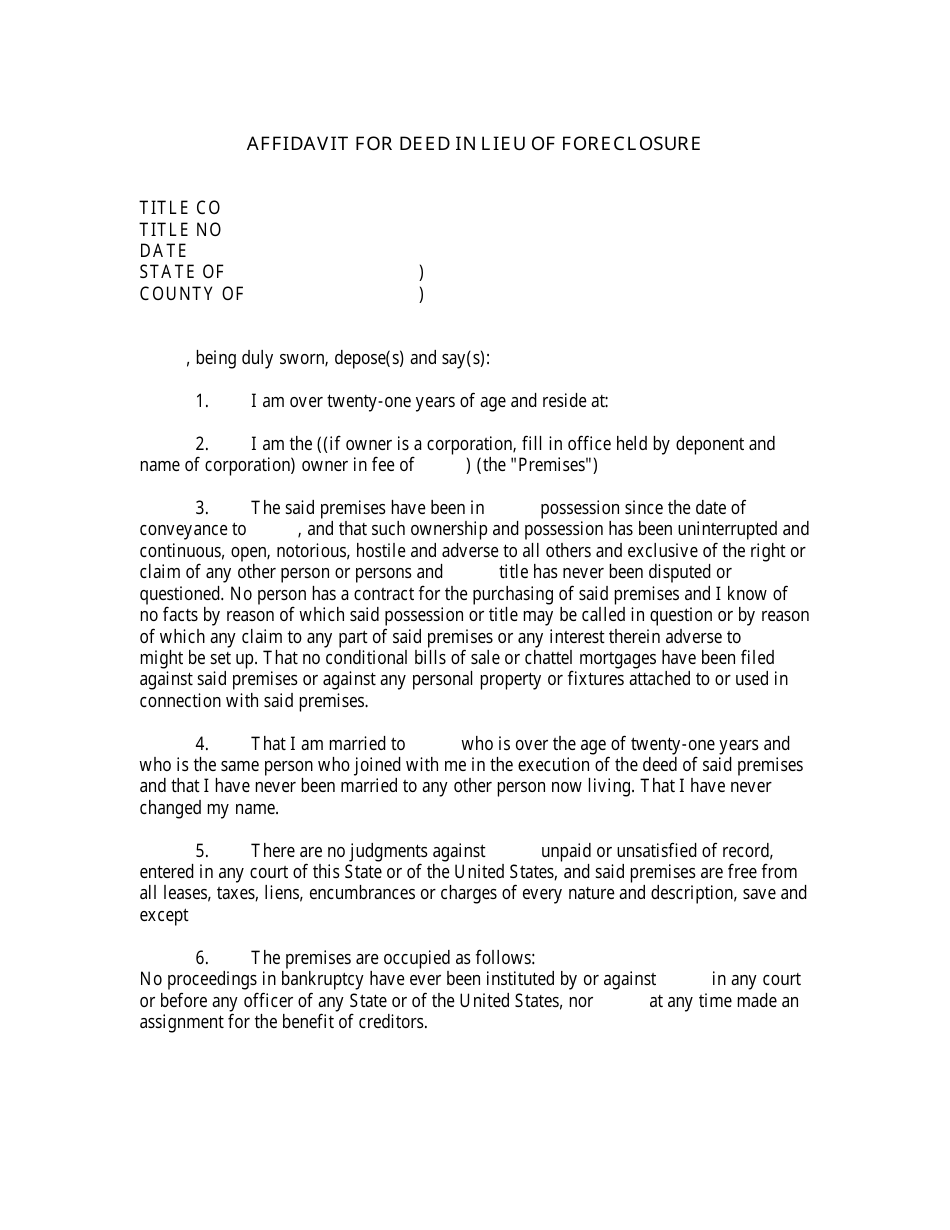 Affidavit for Deed in Lieu of Foreclosure, Page 1