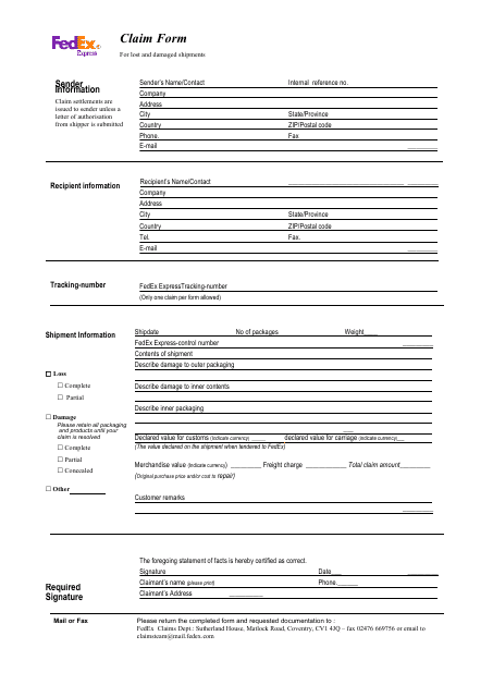 Claim Form for Lost or Damaged Shipments