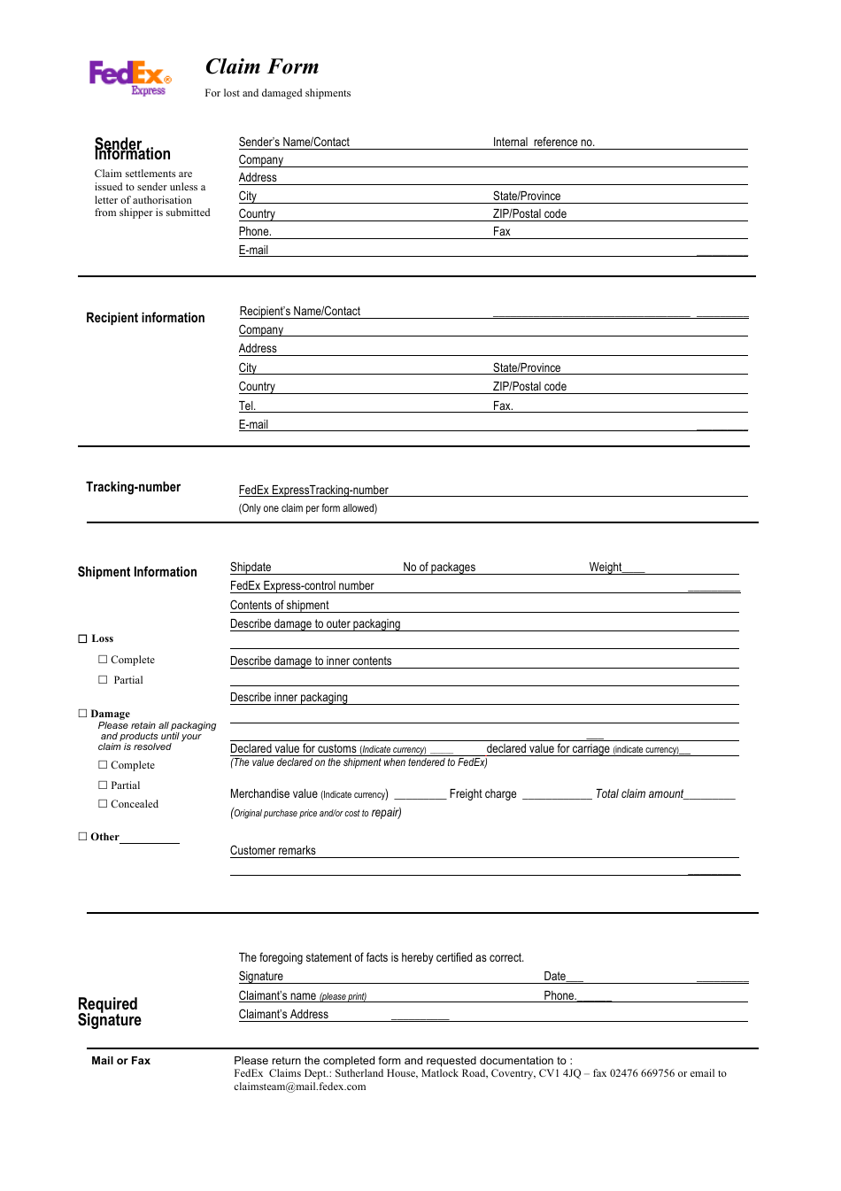 Claim Form for Lost or Damaged Shipments, Page 1