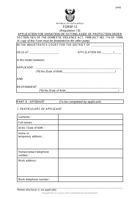 Form 12 Application for Variation or Setting Aside or Protection Order - South Africa