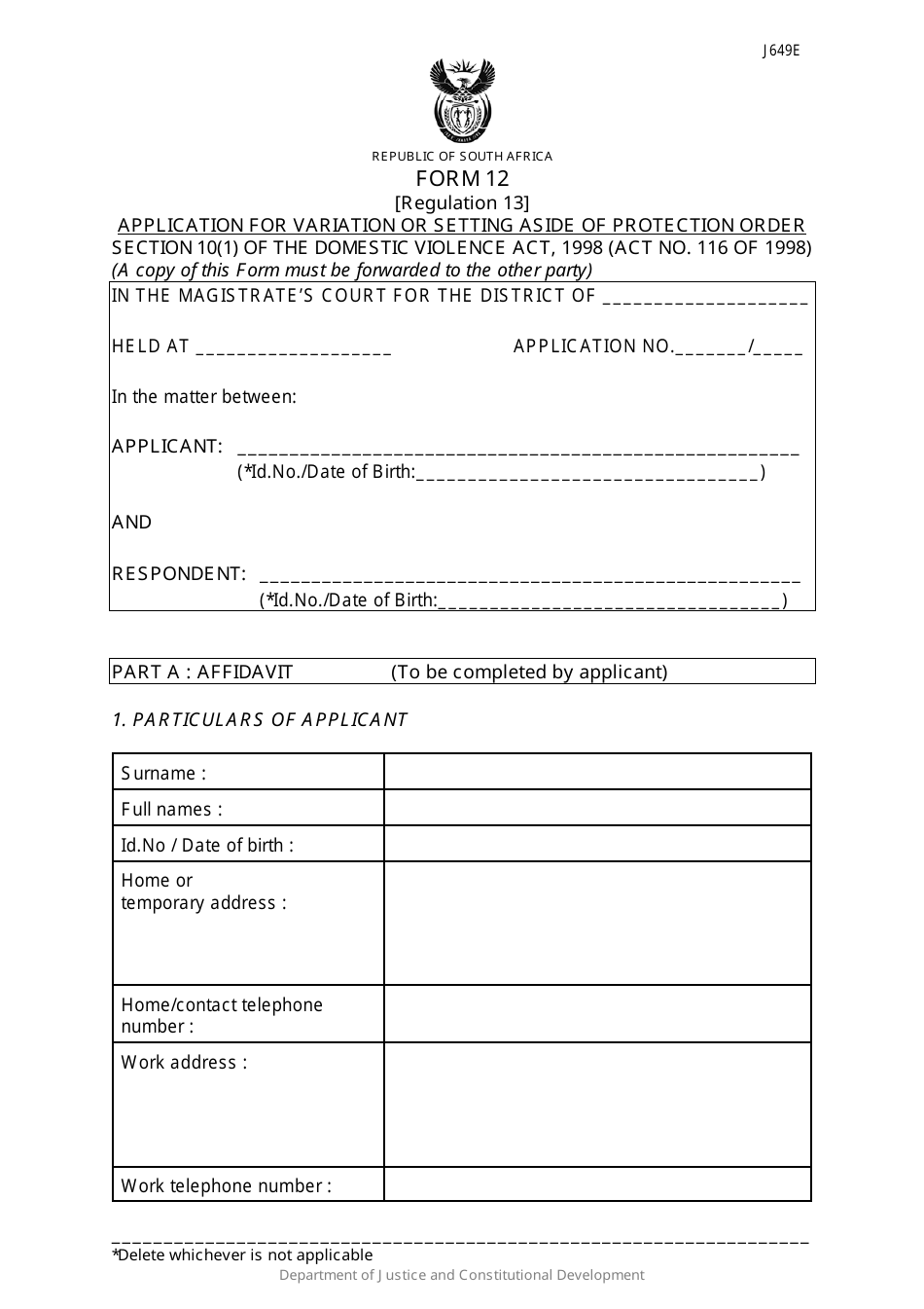Form 12 Application for Variation or Setting Aside or Protection Order - South Africa, Page 1