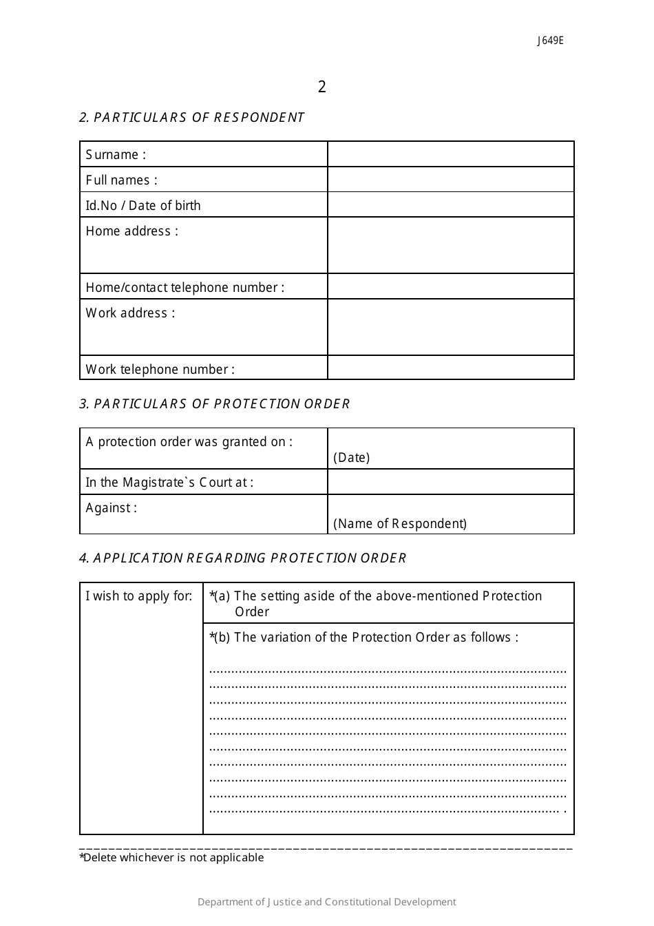 Form 12 Application for Variation or Setting Aside or Protection Order - South Africa, Page 2