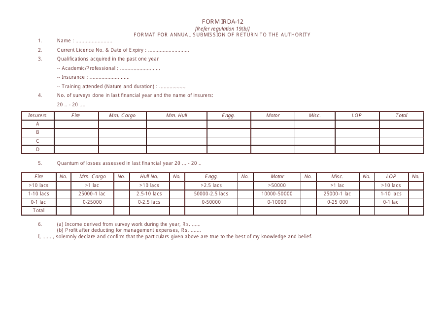Form IRDA-12 Format for Annual Submission of Return to the Authority - India