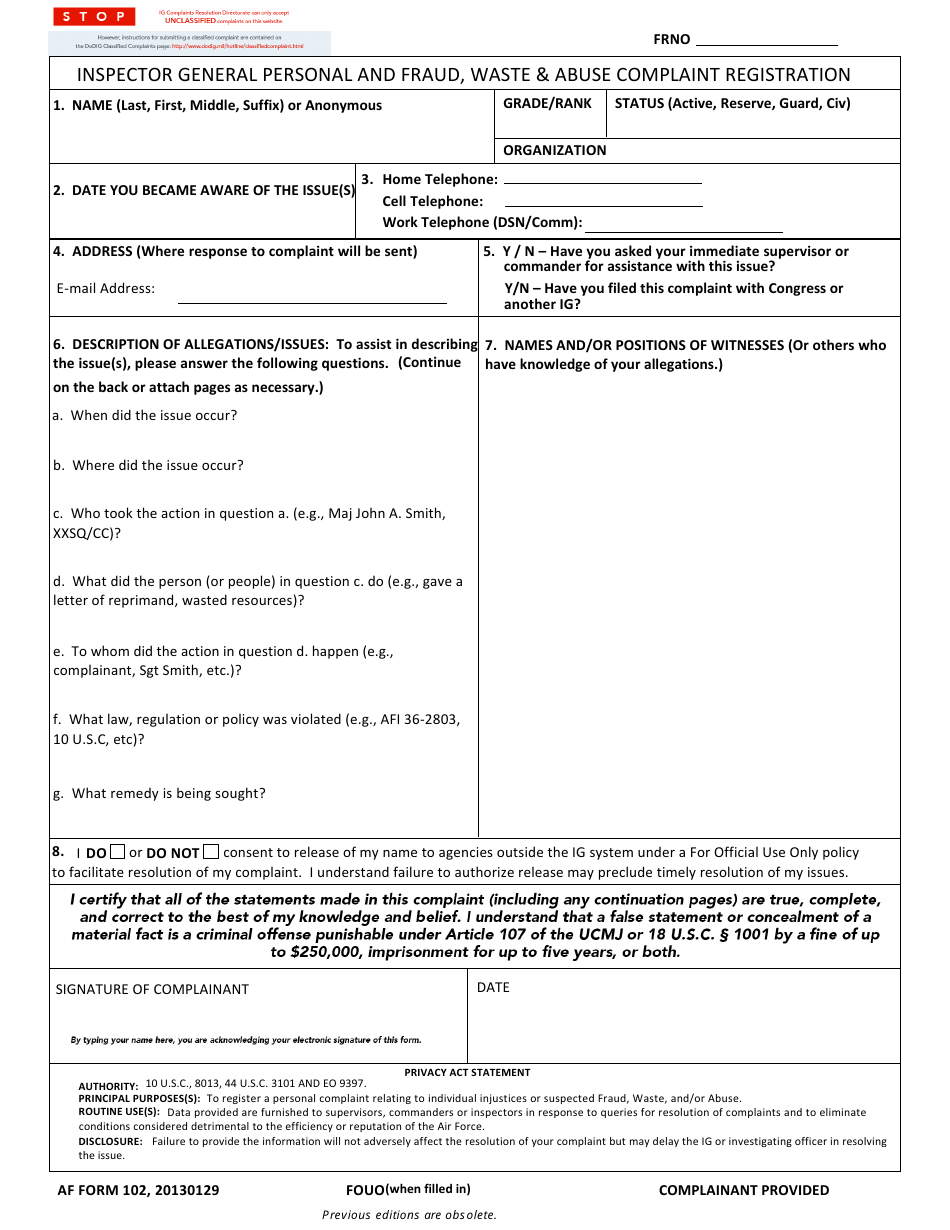 AF Form 102 Inspector General Personal and Fraud, Waste  Abuse Complaint Registration, Page 1