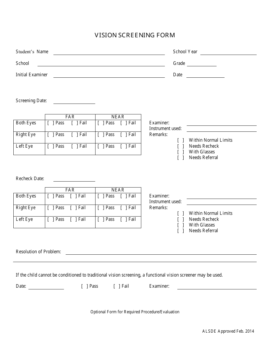 Vision Screening Form, Page 1