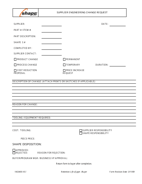 Form 1453405-VEI Supplier Engineering Change Request Form - Shape Corp.
