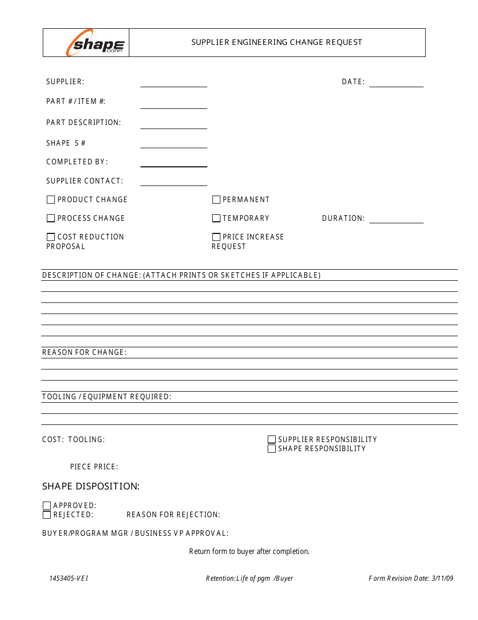 Form 1453405-VEI Supplier Engineering Change Request Form - Shape Corp., Page 1