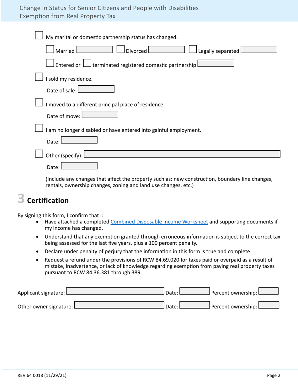 Form REV64 0018 Change in Status for Senior Citizens and People With Disabilities Exemption From Real Property Taxes - Washington, Page 2