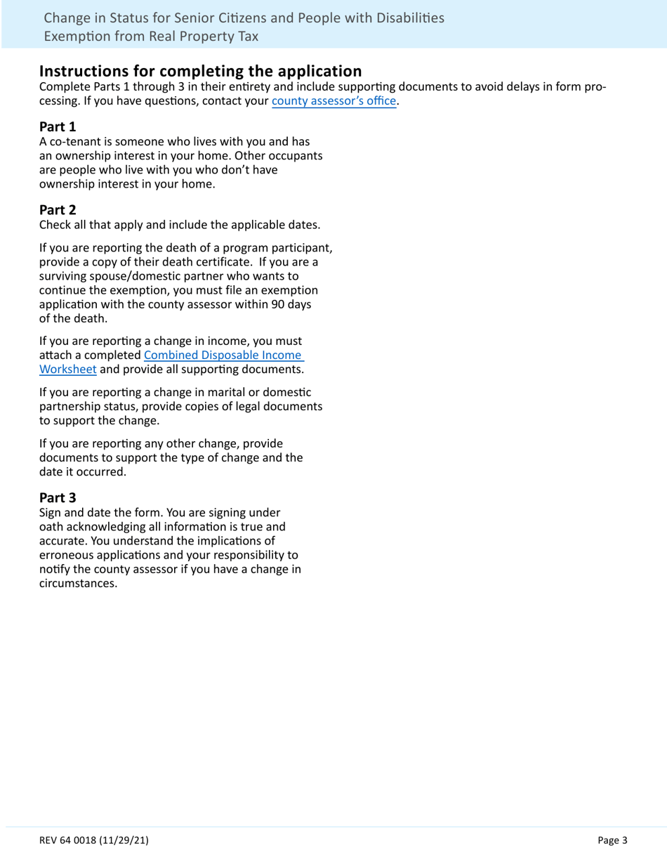 Form REV64 0018 Change in Status for Senior Citizens and People With Disabilities Exemption From Real Property Taxes - Washington, Page 3