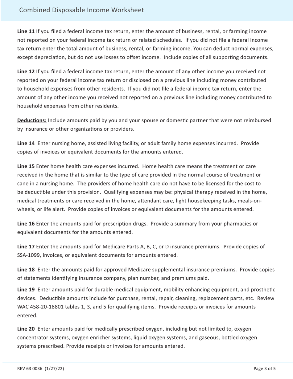 Form 63 0036 Combined Disposable Income Worksheet - Washington, Page 3