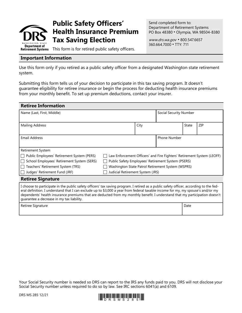 Form DRS MS285 Public Safety Officers Health Insurance Premium Tax Saving Election - Washington, Page 1