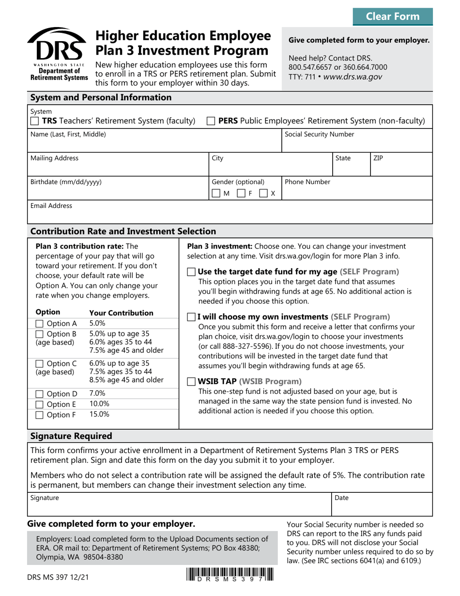 Form DRS MS397 Higher Education Employees Plan 3 Investment Program Enrollment - Washington, Page 1