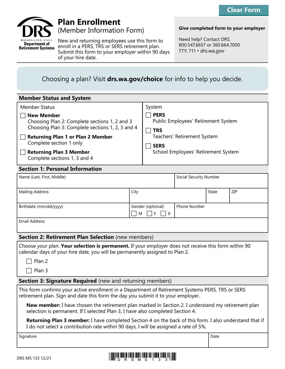 Form DRS MS133 Plan Enrollment (Member Information Form) - Washington, Page 1