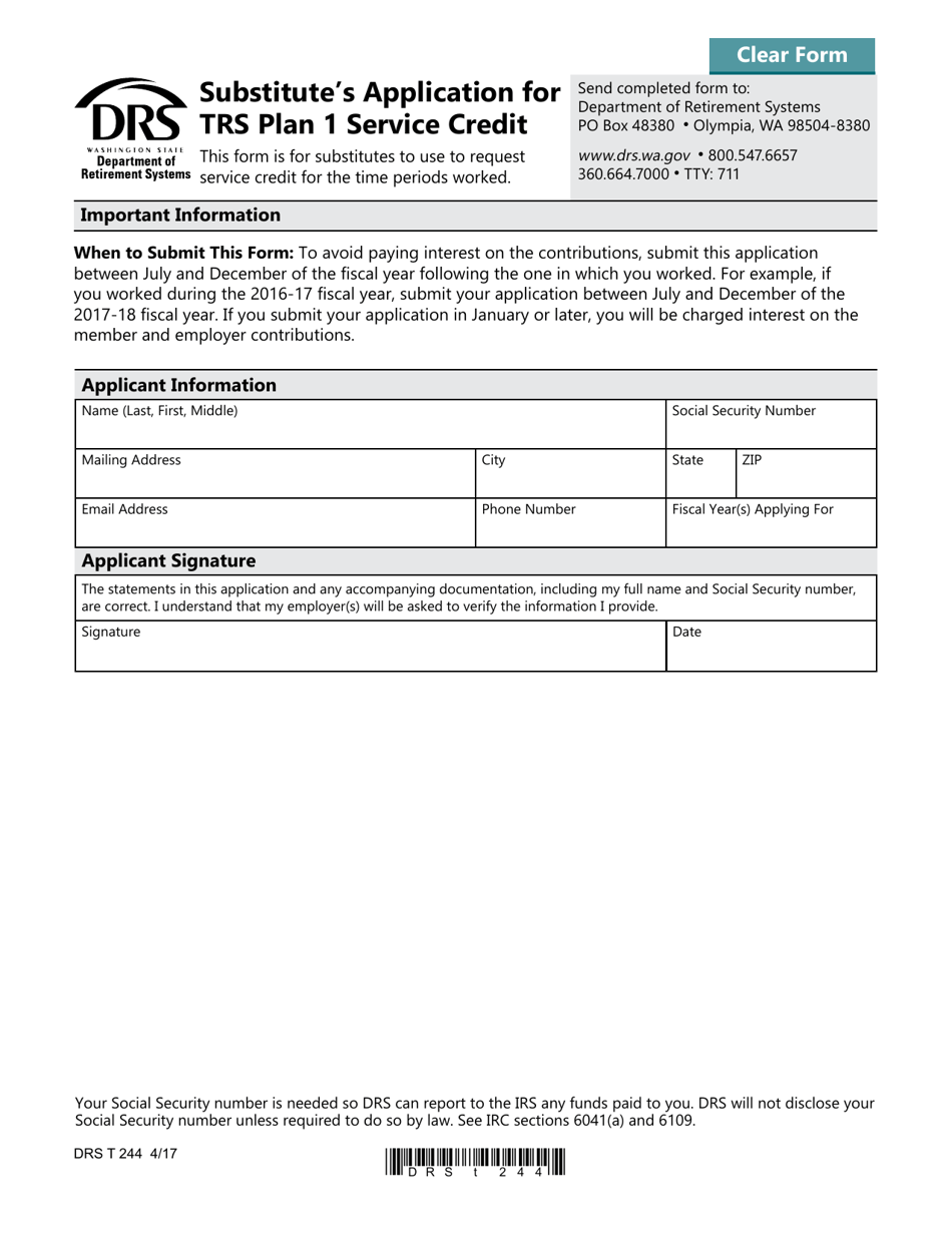 Form DRS T244 Substitutes Application for Trs Plan 1 Service Credit - Washington, Page 1