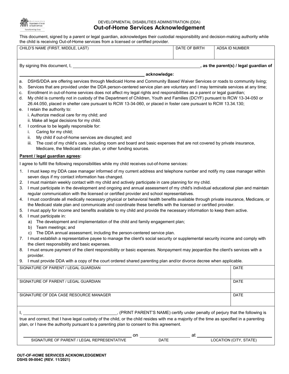 DSHS Form 09-004C Out-Of-Home Services Acknowledgement - Washington, Page 1
