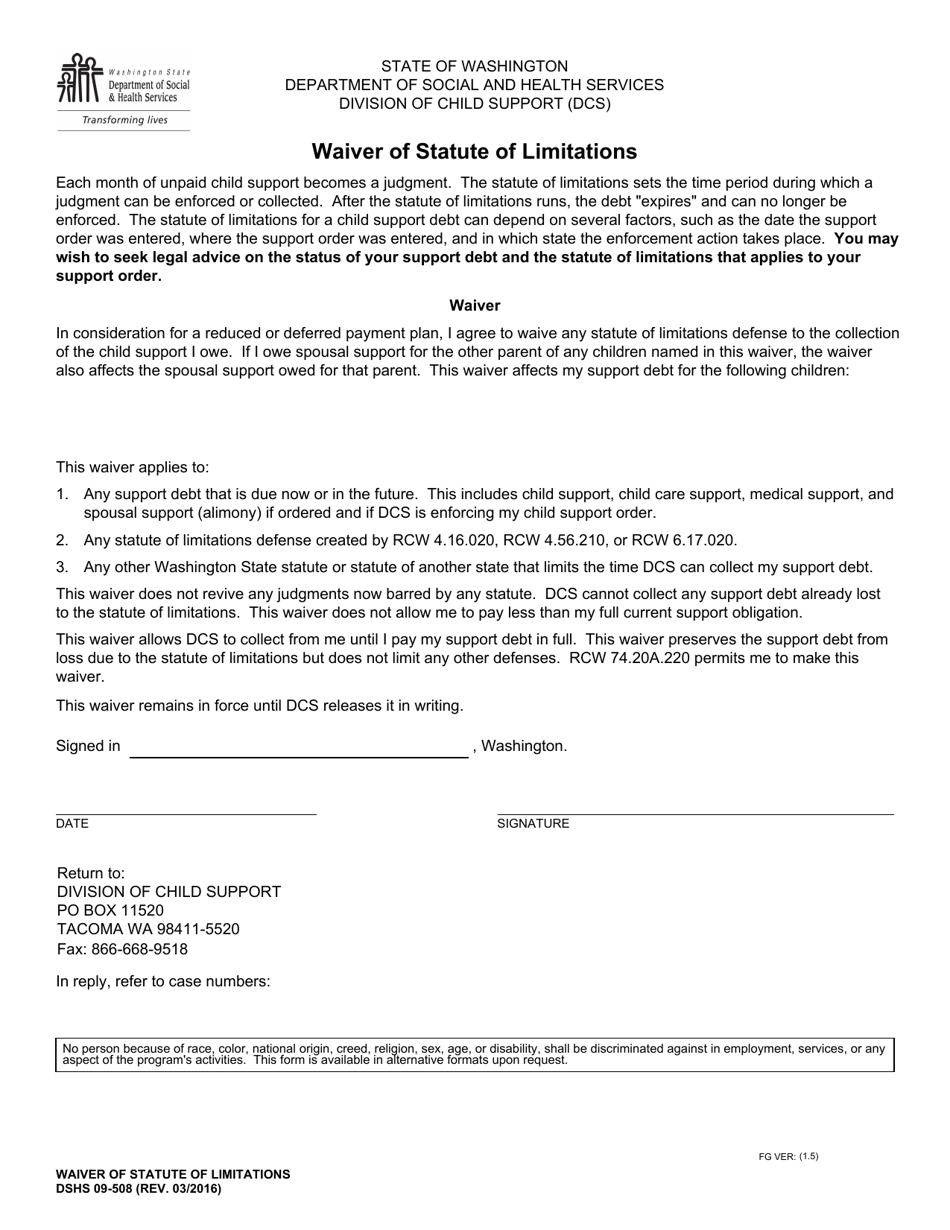 DSHS Form 09-508 Waiver of Statute of Limitations - Washington, Page 1