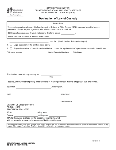 DSHS Form 09-693 Declaration of Lawful Custody - Washington