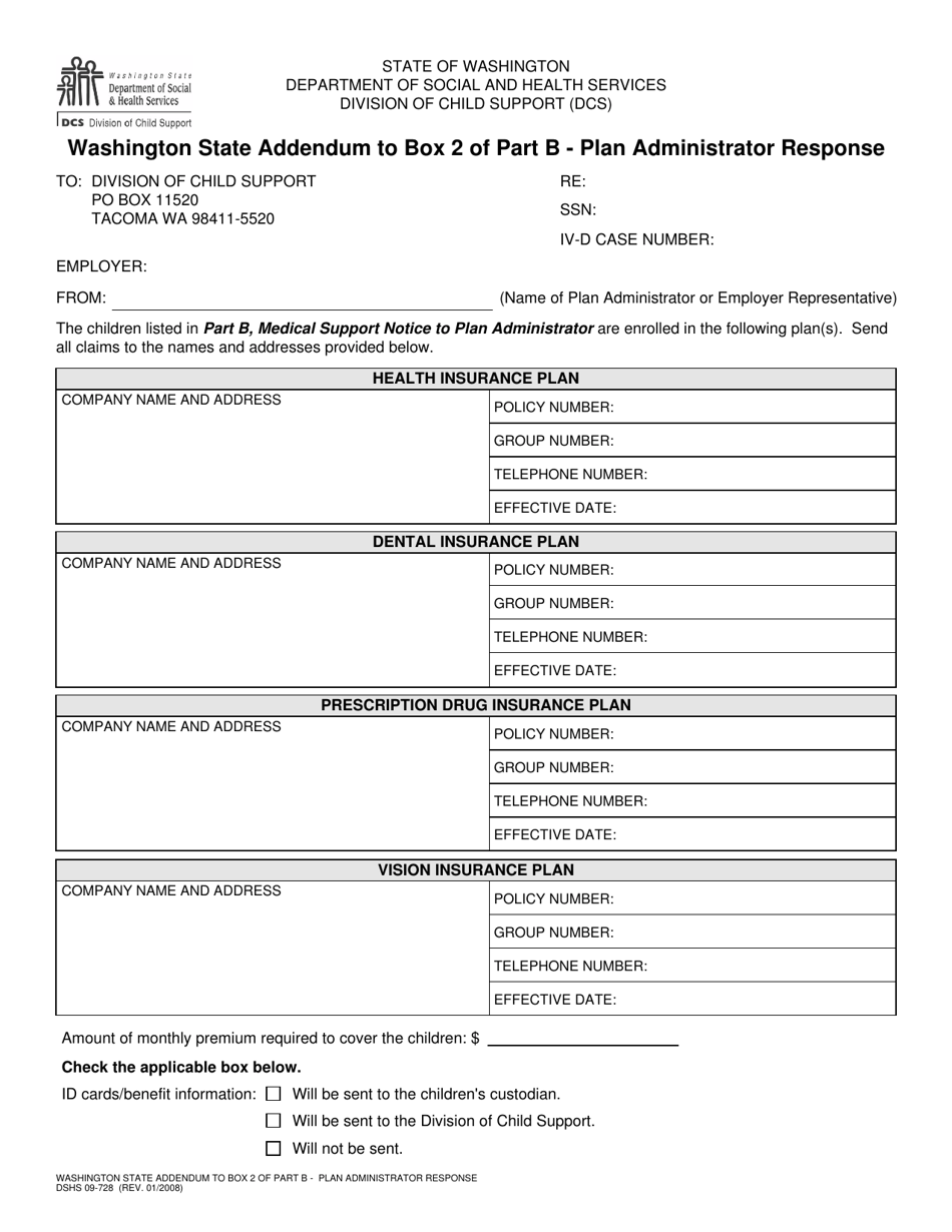 DSHS Form 09-728 Washington State Addendum to Box 2 of Part B - Plan Administrator Response - Washington, Page 1