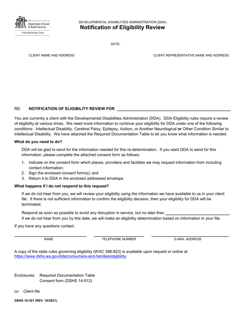 DSHS Form 10-301 Notification of Eligibility Review - Washington