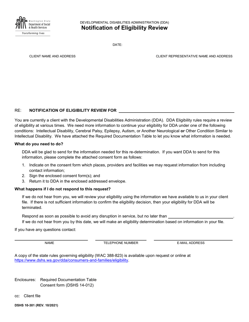 DSHS Form 10-301 Notification of Eligibility Review - Washington, Page 1