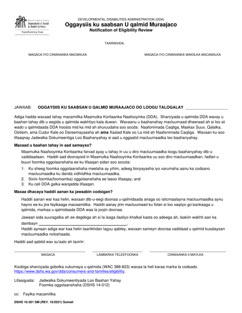 DSHS Form 10-301 Notification of Eligibility Review - Washington (Somali)