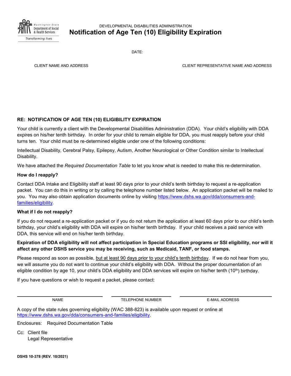DSHS Form 10-378 Notification of Age Ten (10) Eligibility Expiration - Washington, Page 1