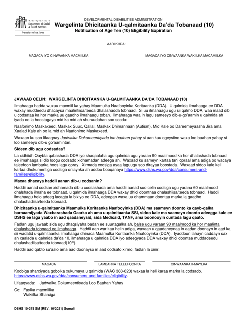 DSHS Form 10-378 Notification of Age Ten (10) Eligibility Expiration - Washington (Somali)