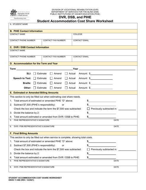 DSHS Form 11-088 Dvr, Dsb, and Pihe Student Accommodation Cost Share Worksheet - Washington