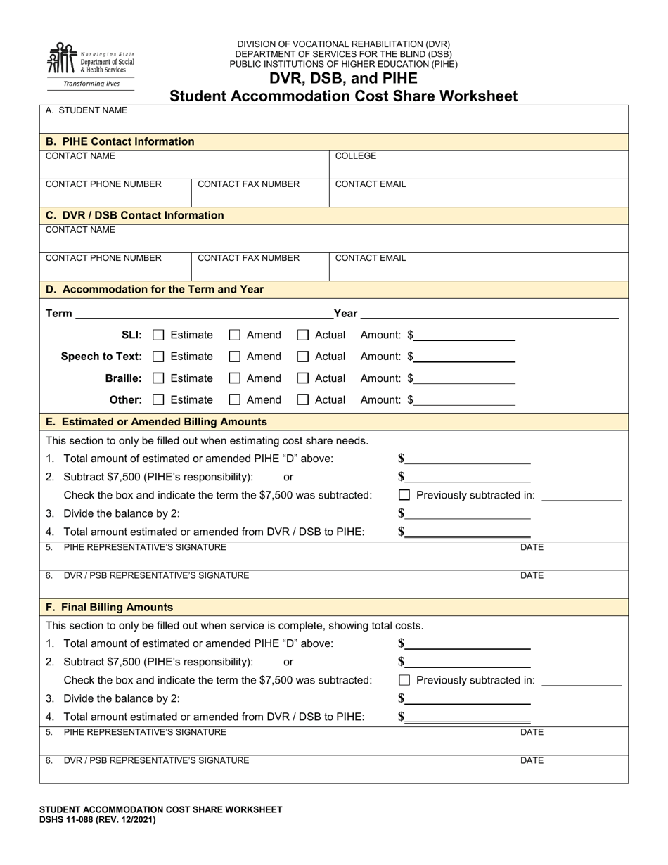 DSHS Form 11-088 Dvr, Dsb, and Pihe Student Accommodation Cost Share Worksheet - Washington, Page 1