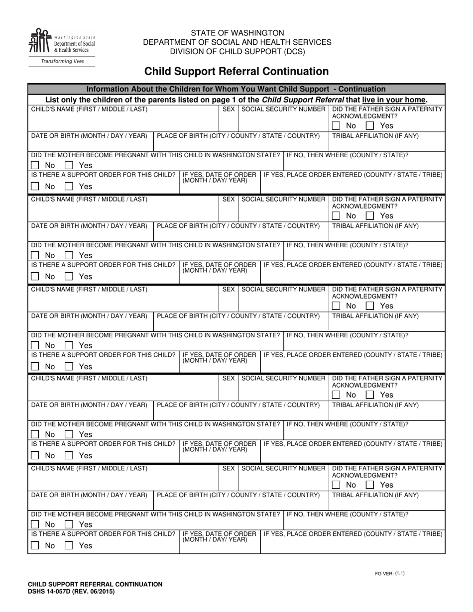 DSHS Form 14-057D Child Support Referral Continuation - Washington, Page 1