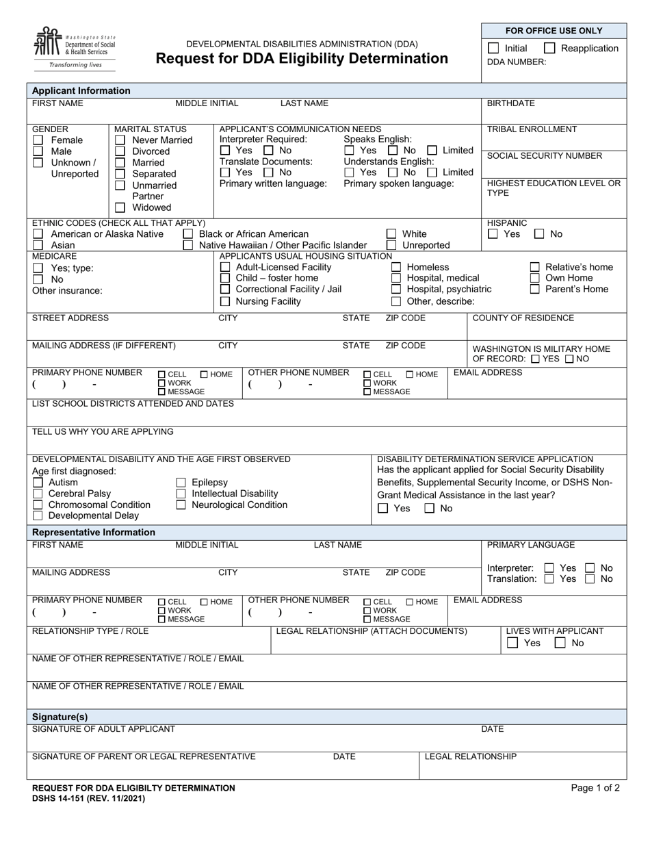 DSHS Form 14-151 Request for Dda Eligibility Determination - Washington, Page 1