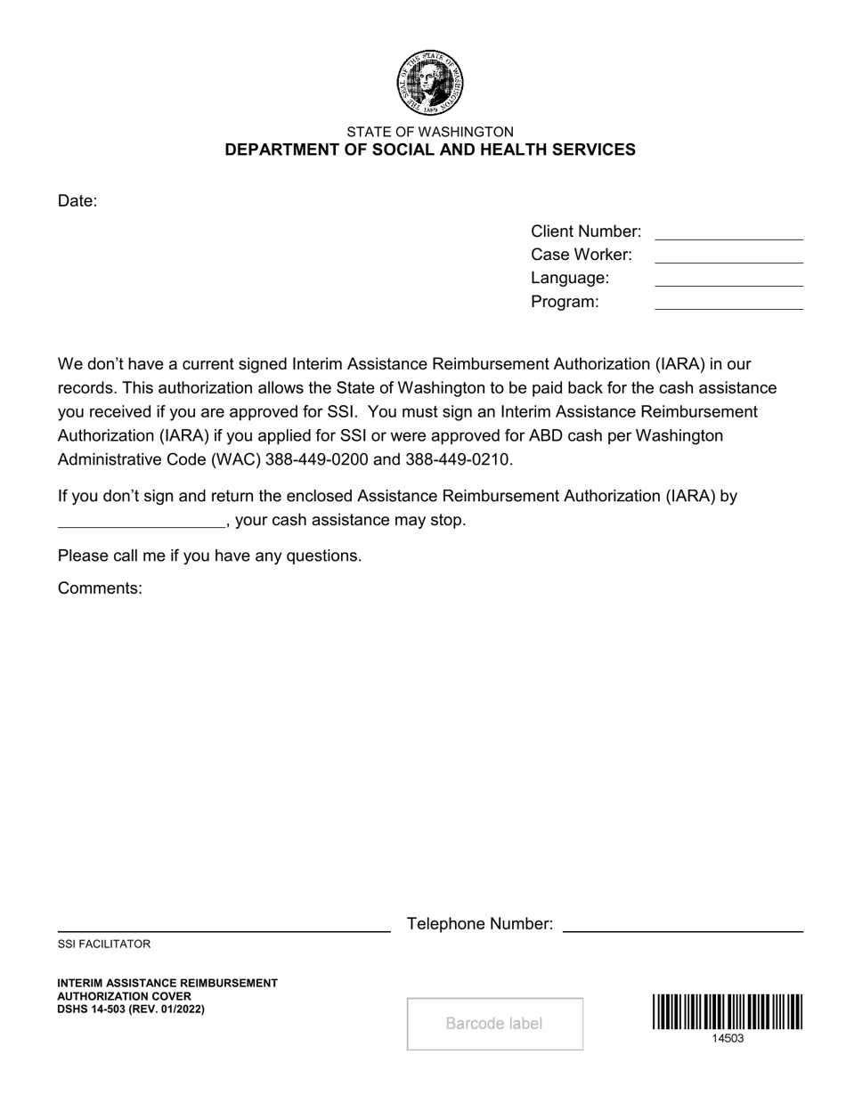 DSHS Form 14-503 Interim Assistance Reimbursement Agreement Cover - Washington, Page 1