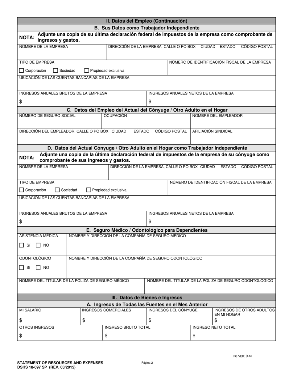 DSHS Formulario 18-097 Declaracion De Recursos Y Gastos - Washington (Spanish), Page 2