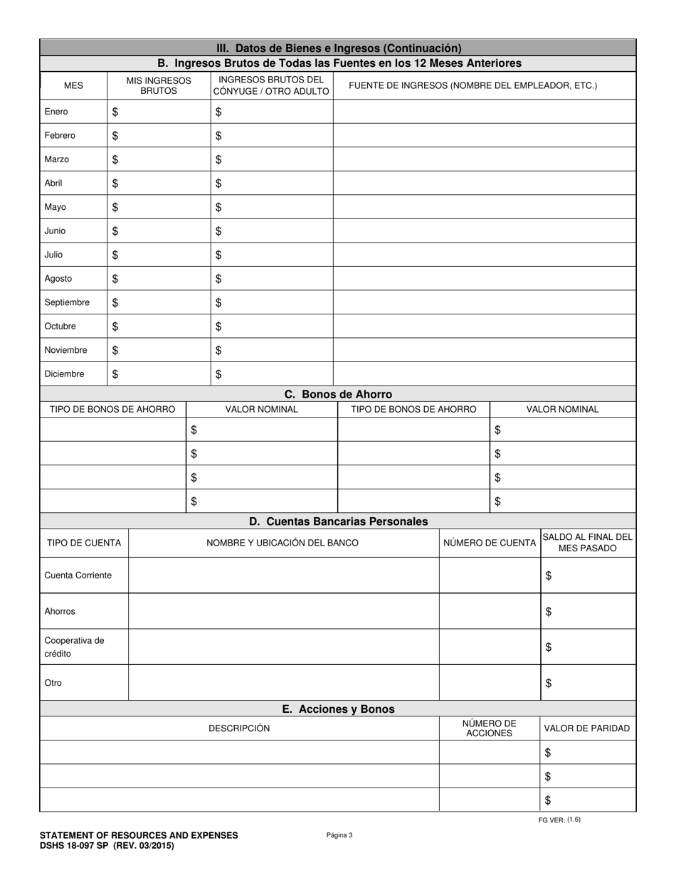 DSHS Formulario 18-097 Declaracion De Recursos Y Gastos - Washington (Spanish), Page 3
