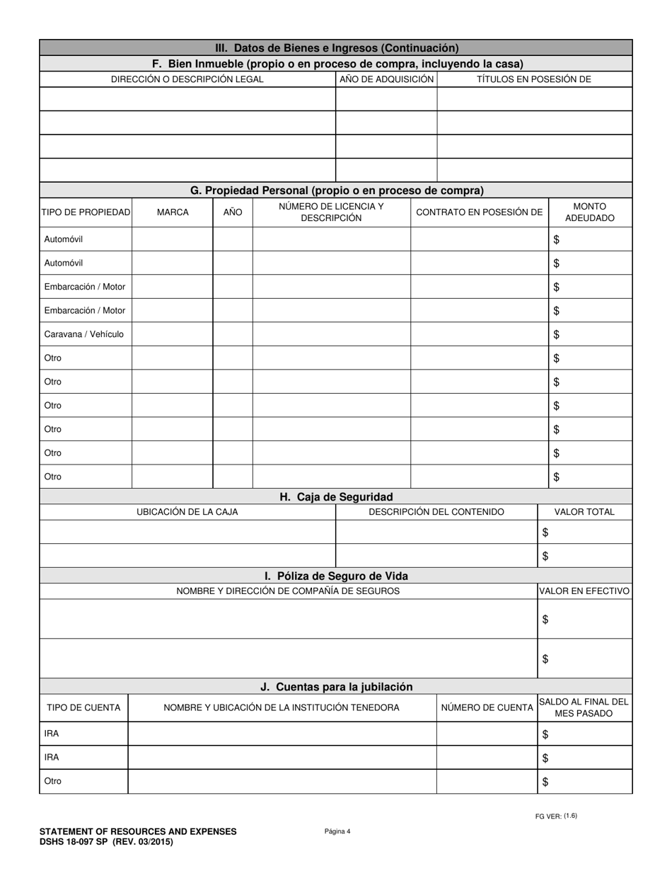 DSHS Formulario 18-097 Declaracion De Recursos Y Gastos - Washington (Spanish), Page 4