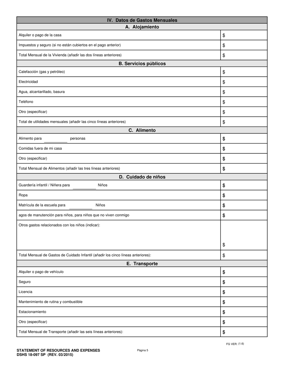 DSHS Formulario 18-097 Declaracion De Recursos Y Gastos - Washington (Spanish), Page 5