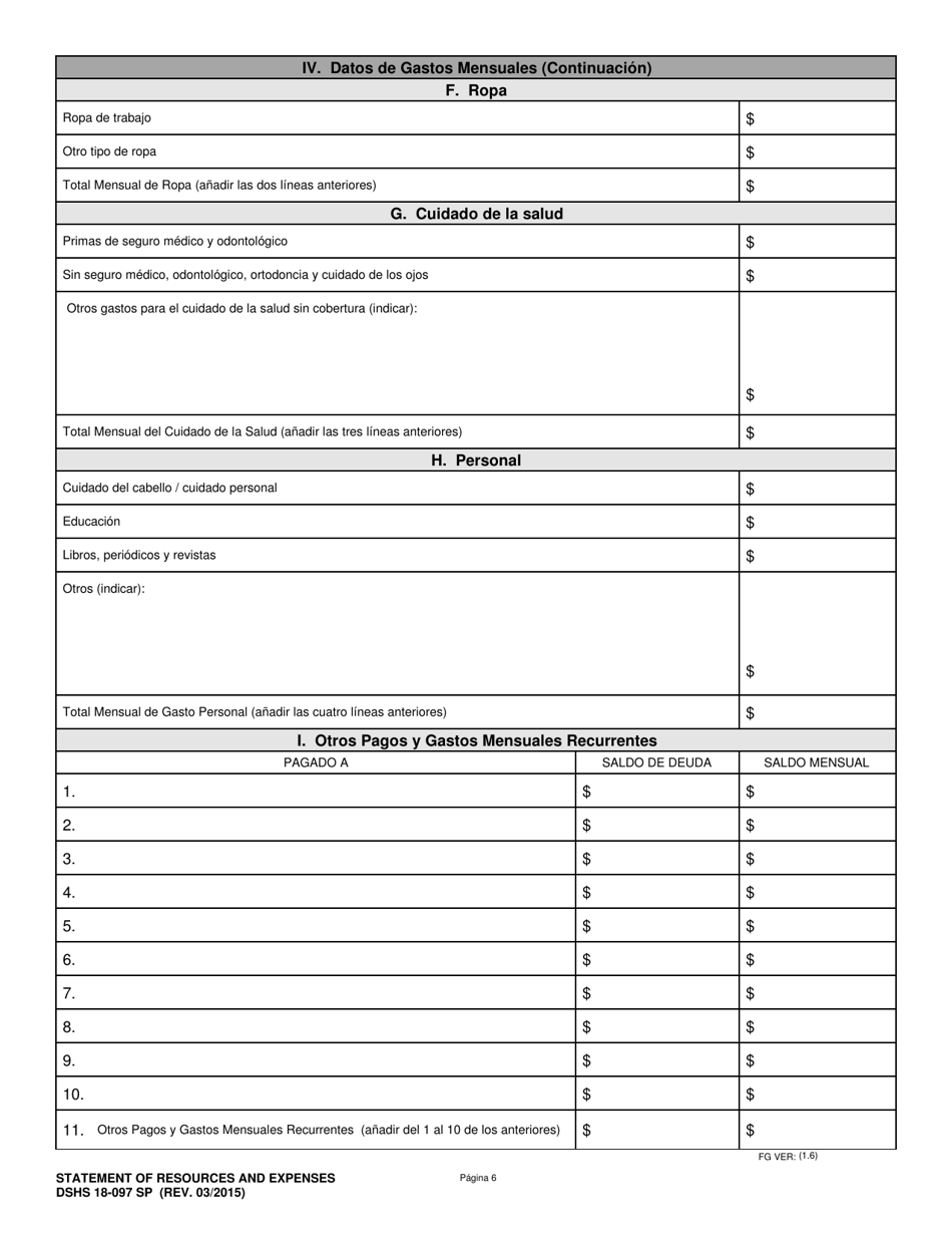 DSHS Formulario 18-097 Declaracion De Recursos Y Gastos - Washington (Spanish), Page 6