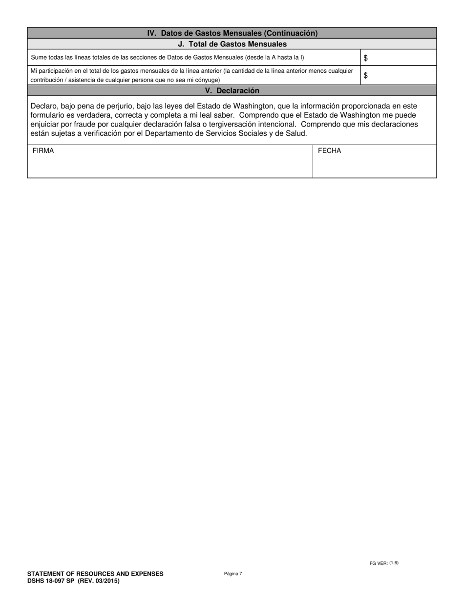 DSHS Formulario 18-097 Declaracion De Recursos Y Gastos - Washington (Spanish), Page 7