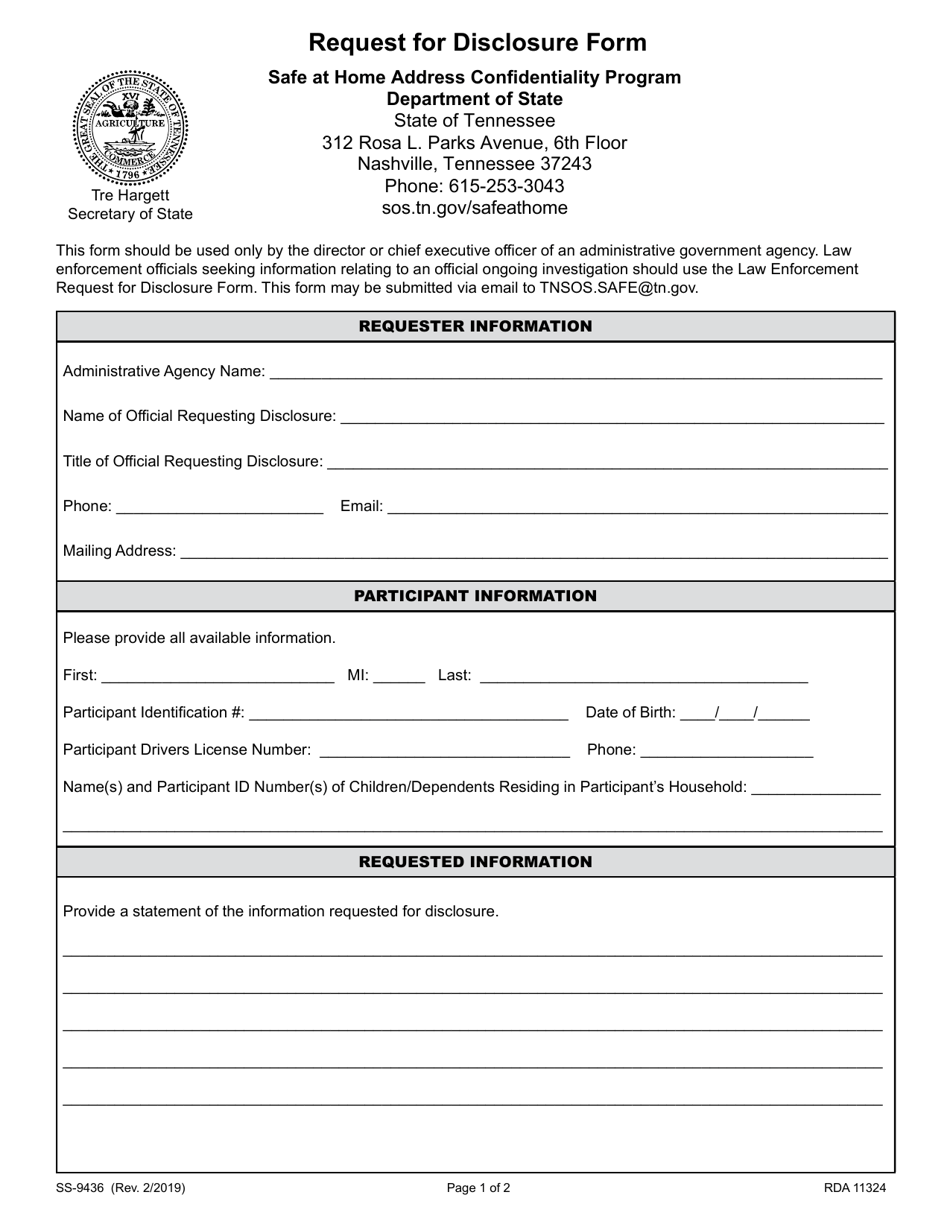 Form SS-9436 Request for Disclosure Form - Safe at Home Address Confidentiality Program - Tennessee, Page 1