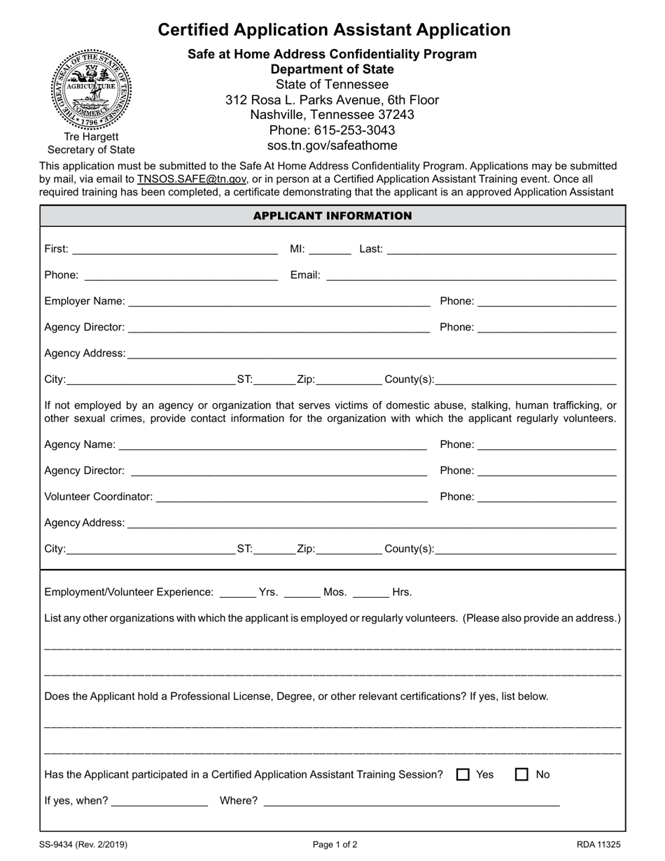 Form SS-9434 Certified Application Assistant Application - Safe at Home Address Confidentiality Program - Tennessee, Page 1