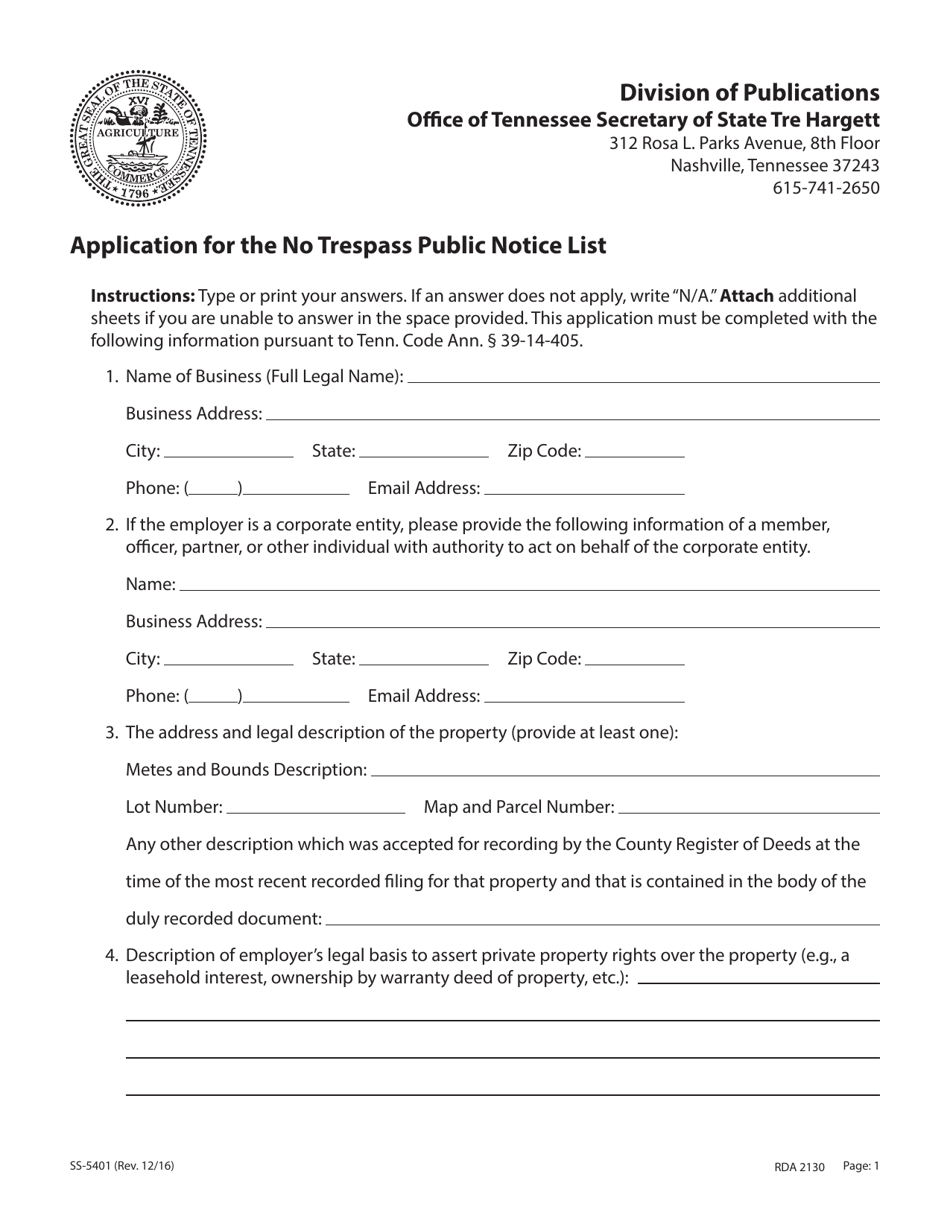 Form Ss 5401 Download Fillable Pdf Or Fill Online Application For The No Trespass Public Notice 1996
