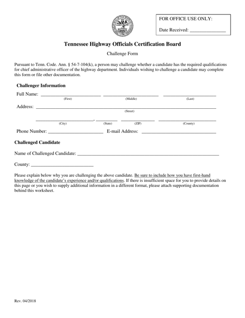 Challenge Form - Tennessee Highway Officials Certification Board - Tennessee Download Pdf